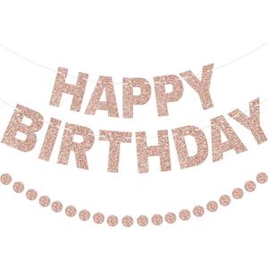 2 x GCQQ Rose Gold Happy Birthday Banner - Glitter Pre-Strung 3M Pre-Strung Letter Garland + 2.5M Rose Gold Dot Garlands Woman Girls Birthday Party Banners Backdrop Decoration Supplies, No DIY