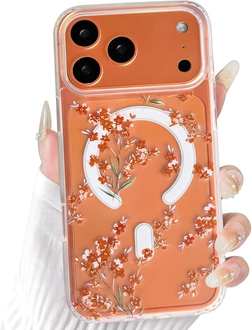 NITITOP Compatible for iPhone 17 Pro Case Cute Clear Magnetic Compatible with MagSafe Cute Flowers Floral Leaves for Women Girls Hard PC Back Shockproof Protective Cover - Orange