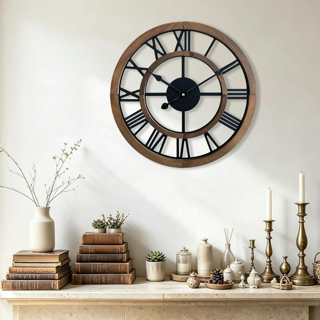 16 Inch Rustic Wall Clock Silent Non-Ticking Wooden Wall Clocks with Roman Numerals Farmhouse Decorative Clock for Living Room Bedroom Office (Brow)