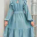 blibean Teen Girls Fall Dress Kids Semi Formal Lace Smocked Long Sleeve Dresses Size 6-15 Years (Blue, XL)