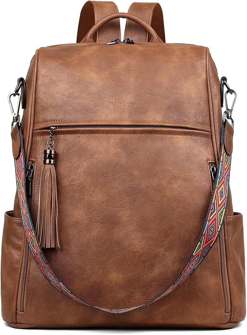 FADEON Leather Laptop Backpack for Women Designer 15.6 inch PU Laptop Bag, Ladies Travel Computer Work Backpack Brown