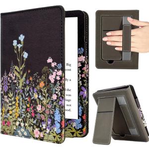 Case for 7"/6.8" Kindle Paperwhite (12th/11th Gen, 2024/2021), Kindle Colorsoft Signature Edition Case, PU Leather Foldable Stand Cover with Hand Strap & Auto Wake/Sleep, Flowers