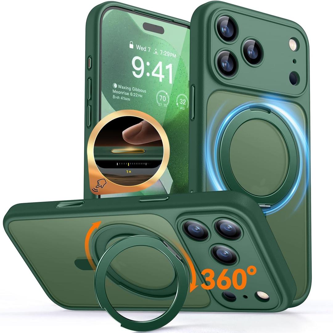 CANSHN 360 Spin Magnetic Stand for iPhone 17 Pro Case with Camera Control [Full Camera Protection] [Compatible with Magsafe] Translucent Matte Shockproof Protective Phone Cover 6.3" - Deep Green