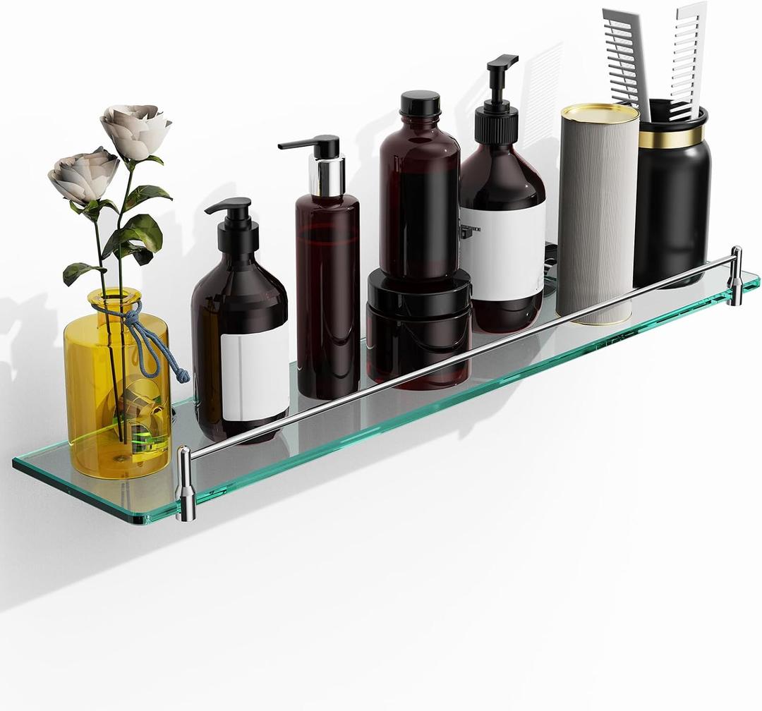24 Inch Glass Bathroom Shelves,Chrome Polished Floating Shelves for Wall Rectangular Modern Stainless Steel Glass Shelf for Bathroom Shelves Wall Mounted, 24"with railing