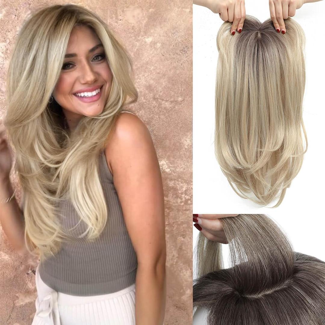 Molefi 19inch Hair Topper with Large Coverage, 6.5x6.5inch Synthetic Hair Toppers for Women with Thinning Hair, Ombre Blonde Hair Pieces