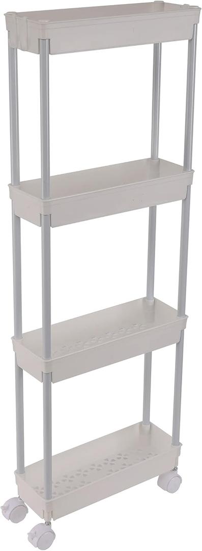 Sooyee 4 Tier Slim Storage Cart Mobile Shelving Unit Organizer Slide Out Storage Rolling Utility Cart Tower Rack for Kitchen Bathroom Laundry Narrow Places, Plastic & Stainless Steel, White