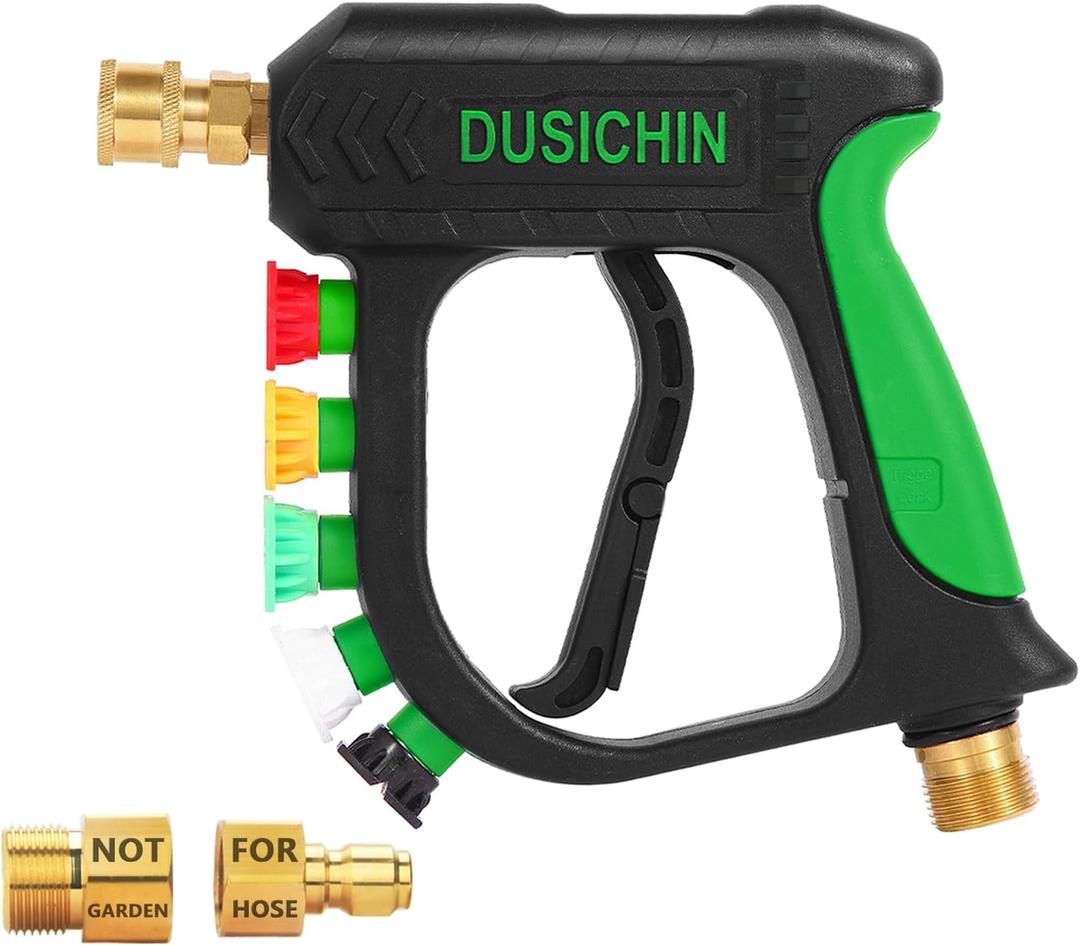 DUSICHIN Short Pressure Washer Gun Car Wash Foam Gun 1/4" Quick Connector, Power Washer Wand Sprayer Foam Green Handle with 3/8" Quick Connect, M22-14 mm and M22-15 mm Fitting,5 Nozzles DUS2701, Gun+Nozzle