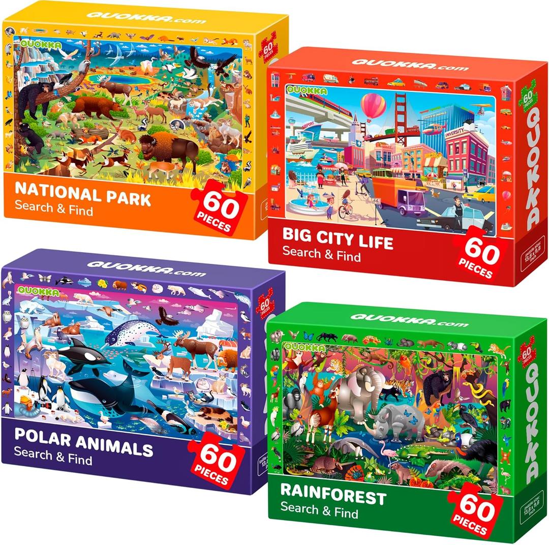 QUOKKA Puzzles for Kids Ages 4-6 - 4 x 60 Puzzles for Toddlers 5-8 - Educational Search and Find Toy for 8-10 yo for Learning Forest Polar, USA National Park Animals and City Life