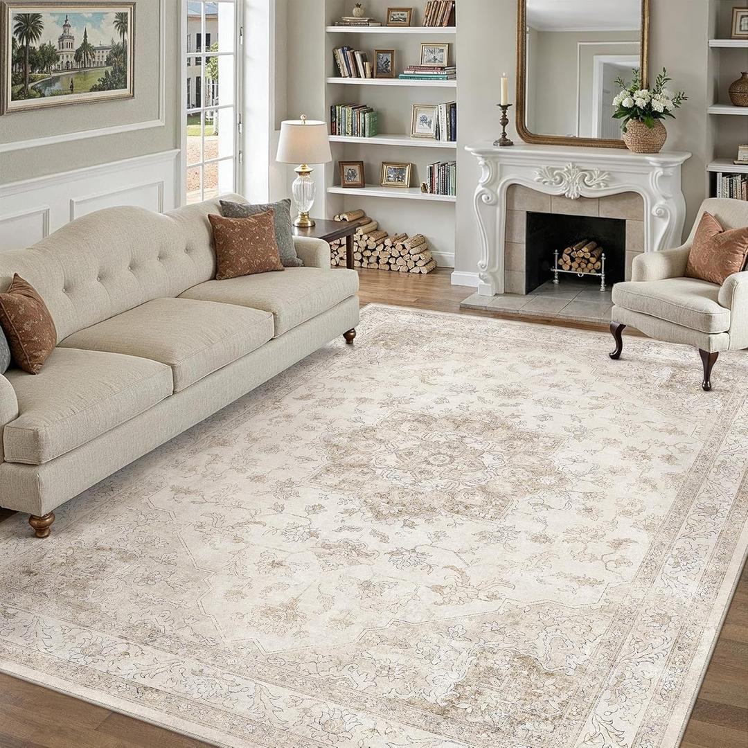 Beige Area Rug 8x10 Washable Vintage Carpet for Living Room Bedroom Large Soft Retro Low Pile Thin Indoor Rug Non Slip Oriental Medallion Floor Cover for Dining Room Office