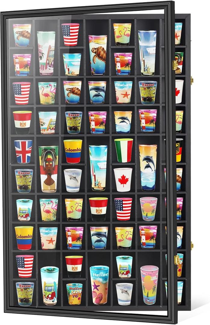 Black Shot Glass Display Case Large 61 Slots Glass Display Holder Wall Mounted Storage Shadow Box with UV Protection Acrylic Glass Door for Room Decor Black Shot Glass Display Case Large 61 Slots Glass Display Holder Wall Mounted Storage Shadow Box with UV Protection Acrylic Glass Door for Room Decor