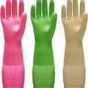 Bamllum 3 Pairs of Rubber Dishwashing Gloves for Kitchen and Household Cleaning  Long Cuff 15", Reusable, Flexible Long-lasting and Non-Slip (Red+Yellow+Green, Large)