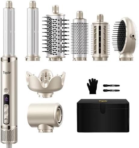 Tqcir 8-in-1 Professional Hot Air Styler&Hair Dryer Brush, Powerful Multi-Styler with Auto-Wrap Curler with Storage Case, Fast Drying Curling Straightening Volumizing Without Heat Damage(Gold)