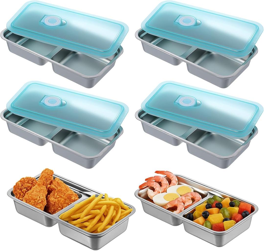 4PCS Metal Snack Containers with Lids, Reusable Stainless Steel Double Compartment Snack Box, Grab and Go Food Containers Compartment box with Lids For Travel and Outdoor Camping