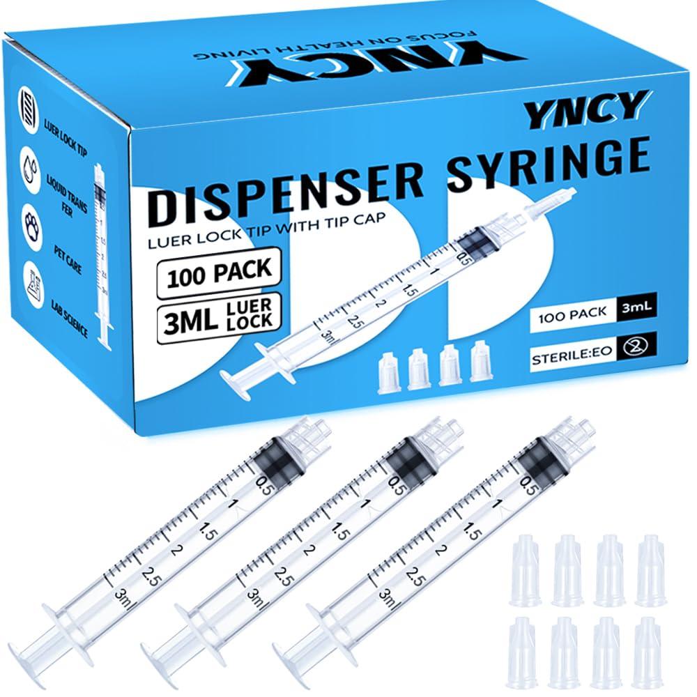 100 Pack 3ml Syringes Luer Lock with Cap, 3cc Syringe without Needle, Individual Sterilized Wrapped