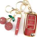 Rayslesan Sparkly Key Fob Cover with Cherry Keychain, Bling TPU Smart Key Case for Women, Compatible with VW Tiguan Passat (B7) Polo MK5 Touran Jetta (MK1-MK6) Beetle Scirocco (3-Button, Gold Red)