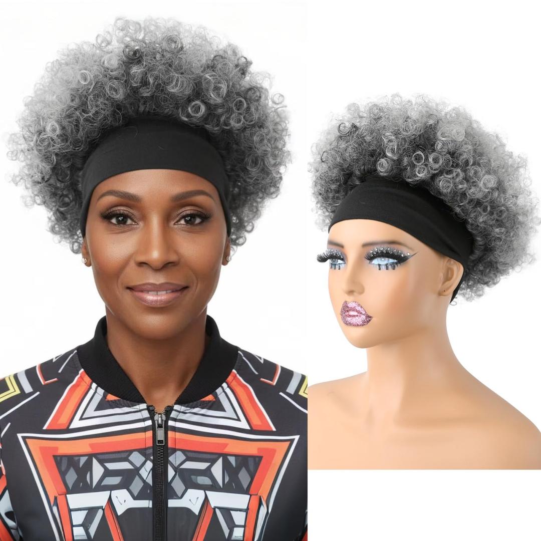 Afro Curly Headband Wig for Black Women,Short Kinky Curly Synthetic Wig with Super Elastic Headband Glueless Quick Wear And Go Fluffy Bouncy Afro Wig for Daily Party(TGrey)