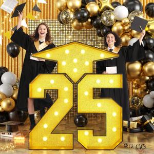 Funhot 4.5 FT Marquee 2025 Graduation Decorations,Large Gold Marquee Numbers 25 Light Up Numbers Kit w/Graduation Cap Frame&String Lights for Indoor Outdoor Kindergarten Preschool High School College