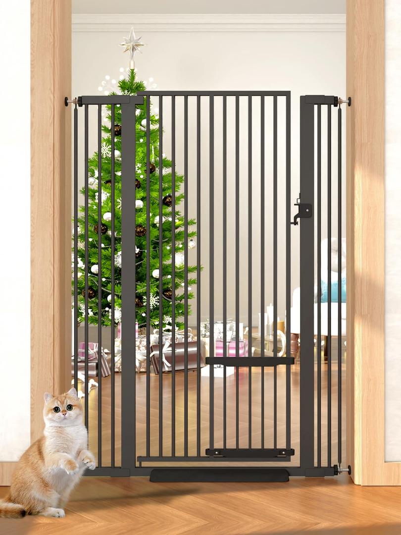 55.11" Extra Tall Pet Gate With Small Cat Door - 29.5-40.6 Wide, No Drilling Pressure Mount Kit for Cats and Dogs, Indoor Doorways, Living Room, Bedroom - Black
