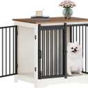 Hzuaneri 27.2" Dog Crate Furniture with Barn Door, Heavy Duty Dog Kennel Indoor with 2 Doors, Wooden Pet Cage End Table for Small Medium Dogs up to 22 lb, Anti-Chew Anti-Escape, White Brown DFC84314B