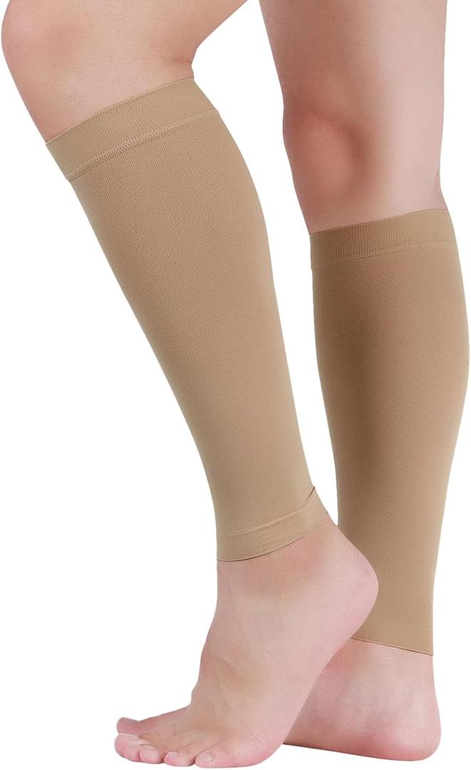 Lin Performance Medical Calf Compression Sleeve for Women and Men, 20-30 mmHg Lightweight Footless Socks for Nurses, Pregnant, Travel and Flight, Varicose Veins, Post Surgery Recovery, Edema（Beige, XL）
