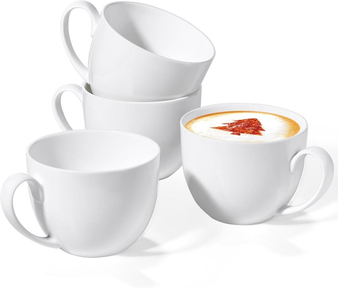 Chulan 22 oz Extra Large Bone China Cereal Mug Set of 4, Oversize White Ceramic Latte Mugs, Jumbo Soup Mugs Coffee Cups with Handles for Chocolate Cocoa Beverage Milk Salads Yogurt, Microwave Safe