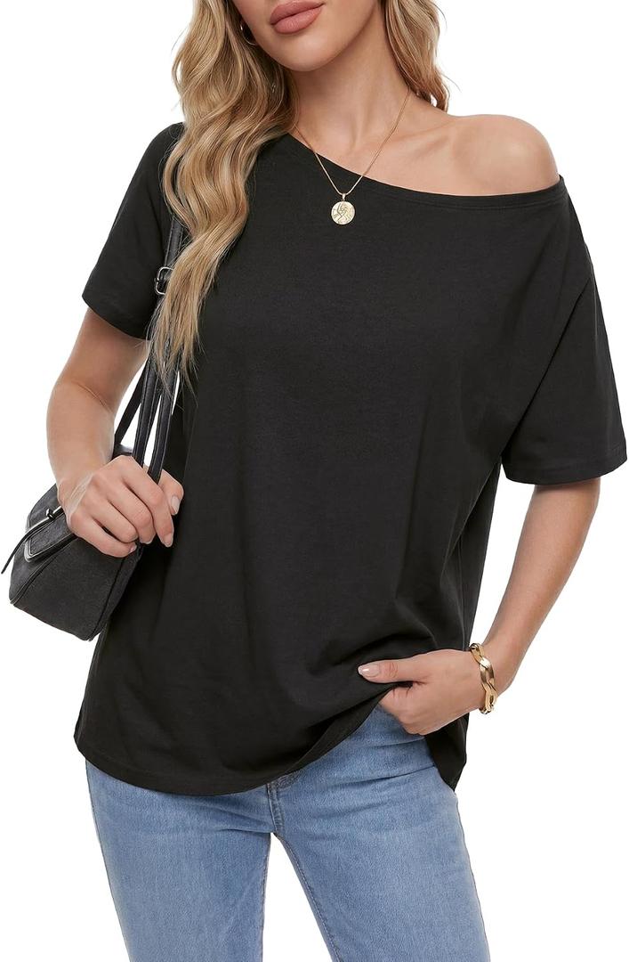 Rooscier Women's Off The Shoulder Tops Summer Short Sleeve T Shirts Tees Loose Fit Casual Shirts (S)