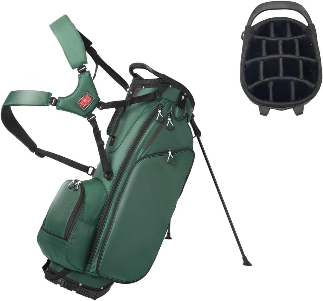Lightweight Golf Stand Bag with 14 Way Full-Length Dividers, 7 Zippered Pockets and Rain Cover, with Handles and Dual Strap