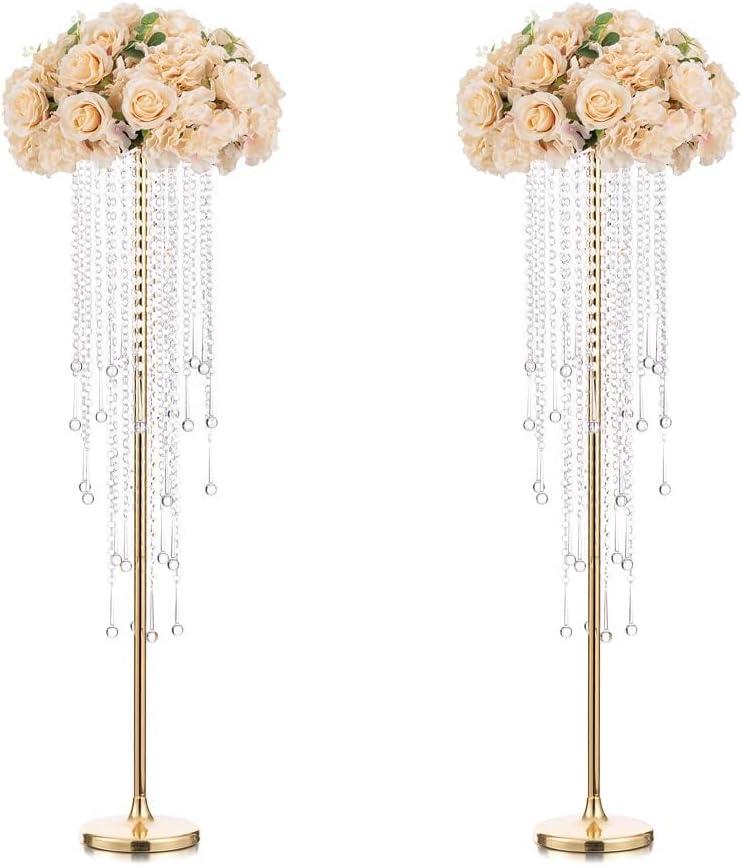 Tall Vases Wedding Centerpieces for Tables - 39.4" Gold Flower Vase with Chandelier Crystal, Centerpiece Table Decorations, Metal Flower Stand for Wedding, Reception, Party, Events, Home Dcor, 2 Pcs (Large - 2 Pcs)