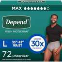 Depend Fresh Protection Adult Diapers, Incontinence Underwear for Men, Disposable, Maximum, Large, Grey, 72 Count (2 Packs of 36), Packaging May Vary