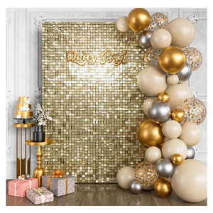 Qcity Light Gold Shimmer Wall Backdrop 24PCS, Black Back Not See-Through Design, Square Sequin Glitter Backdrop Panel, Perfect for Outdoor Events, Birthdays, Wedding and Party Decoration