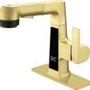 Qeemee LED Bathroom Faucet with Pull Out Sprayer, Brushed Gold Temperature Digital Display Sink Faucet 5 Water Flow Modes, Single Handle RV Bath Vanity Faucets for 1 or 3 Hole