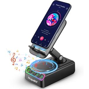 Hupoaf Adjustable Cell Phone Stand with Wireless Induction Bluetooth Speaker, HD Surround Sound for Home and Outdoors, Compatible with iPhone/Samsung Galaxy, 2026 Birthday Gifts for Men Women Dad Mom, Black