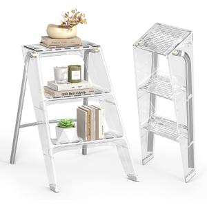 Acrylic 3 Step Ladder, Folding Transparent Step Stool with Anti-Slip Steps