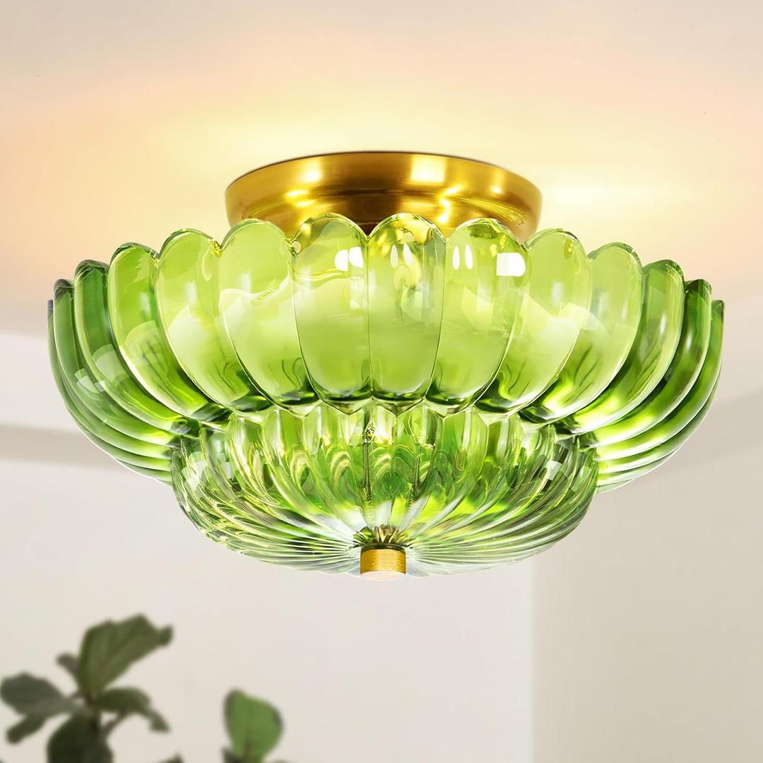 Semi Flush Mount Ceiling Light Green Light Fixtures with Gold Base Vintage Lighting Ceiling Mount Mid Centry Modern Light Fixture for Kitchen Bedroom Hallway Entryway (3Light, Bulb Not Included)