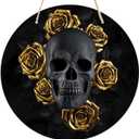 Gothic Black Skull with Gold Roses Round Wooden Hanging Sign for Home Office Wall Art Decor Door Hanger Gift 88 Inches