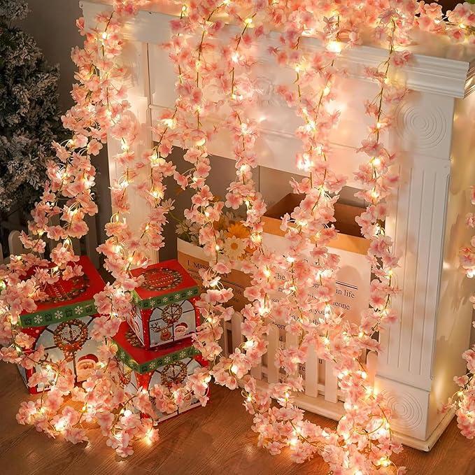 Cherry Blossom Lights Artificial Flower String Lights 20 LED 6.6FT Willow Vine Lights Outdoor Hanging Silk Flowers Garland for Wedding Party Home Bedroom Baby Shower Outdoor Decor