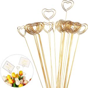 30 Pcs Metal Wire Floral Place Card Holder Pick 12 Inch Gold Photo Clip Card Heart Shape Table Memo Cake Topper for Wedding Birthday Baby Shower Party Favor
