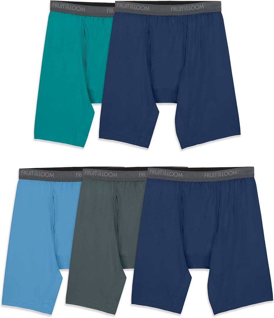 Fruit of the Loom Men's Micro Stretch Boxer Briefs, Designed to Move with You, Lightweight & Moisture Wicking (Long Leg - 5 Pack - Green/Blue/Grey)