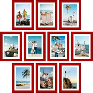decorUhome 5x7 Picture Frame Set of 10, Display Photos 4x6 with Mat or 5x7 Unmatted for Picture Frames Collage Wall Decor, Red