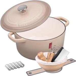 Enameled Cast Iron Dutch Oven Pot with Lid, for Bread Baking, Round Bread Oven- include Sourdough Bread Baking Supplies Set, 6QT, Latte