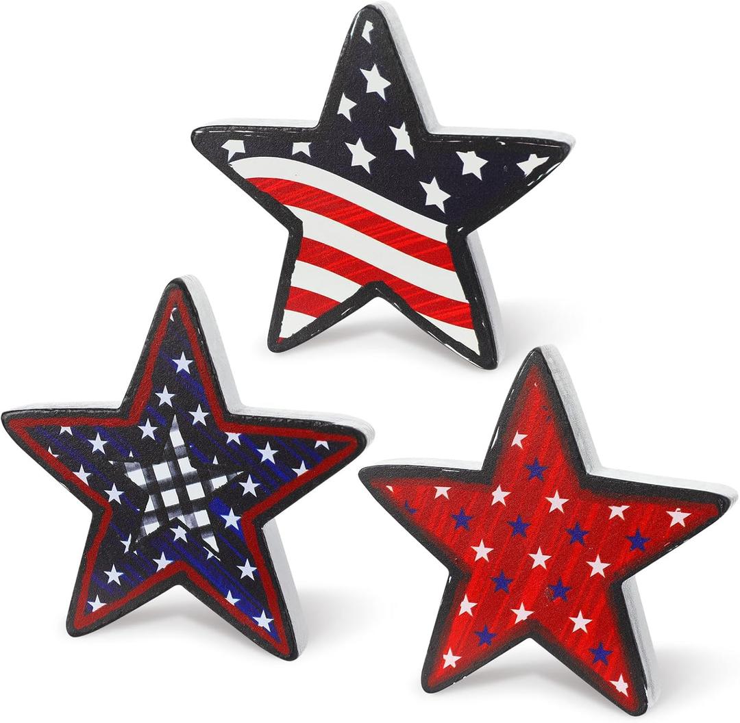 3 Pcs Patriot Day Wooden Stars Signs Red White Blue Rustic Table Decorations Patriotic American Stars Table Centerpieces Tiered Tray Decor for Patriot Veteran Day Home Kitchen Office Decor