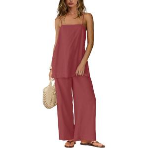 Yanekop Linen Sets for Women 2 Piece Pants Summer Outfits Matching Lounge Sets Spaghetti Strap Tank Top Pants Sets (Small, Burgundy)