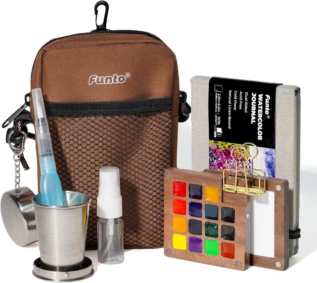 Funto Mini Watercolor Paint Set, All-in-One Walnut Wood 15-Color Premium Pocket Travel Paint Kit, with Crossbody Bag,Watercolor Journal, Metal Clip, Paint Water Cup, Water Brush Ideal for Art Lovers