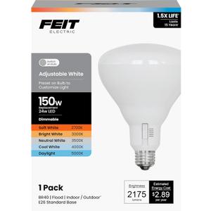 Feit Electric BR40 LED Light Bulb, 150W Equivalent, Dimmable, 5CCT, E26 Medium Base, 90 CRI, 2175 Lumens, Adjustable White, 15.5 Years Lifetime, BR40150DM5CCTCA15K