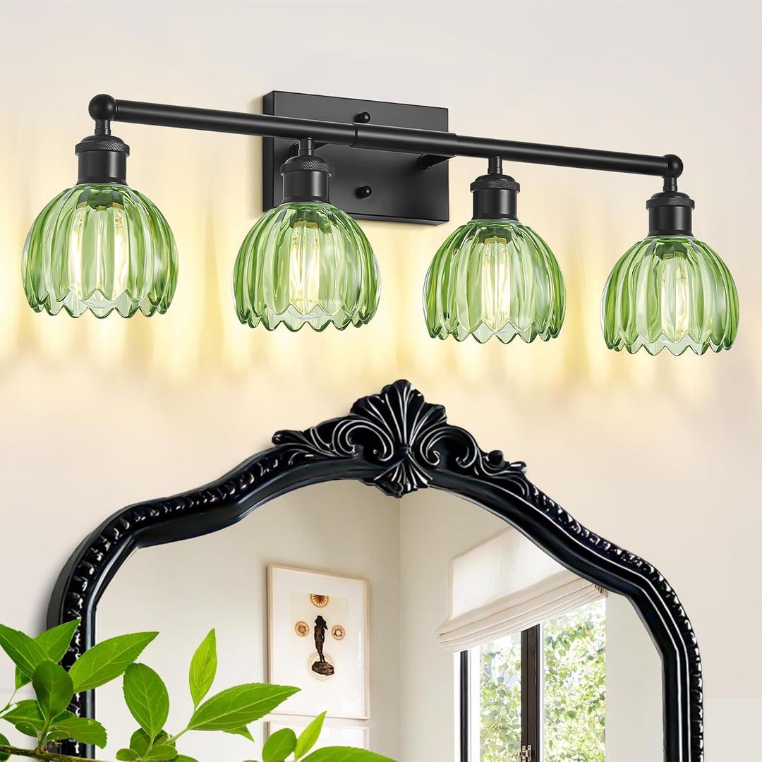 Vanity Lighting Fixtures,4 Light Bathroom Vanity Light,Black Bathroom Light Fixtures Over Mirror,27.2 in Vintage Sconce with Green Tulip Glass Shade for Bedroom,Dressing Table, E26 Base