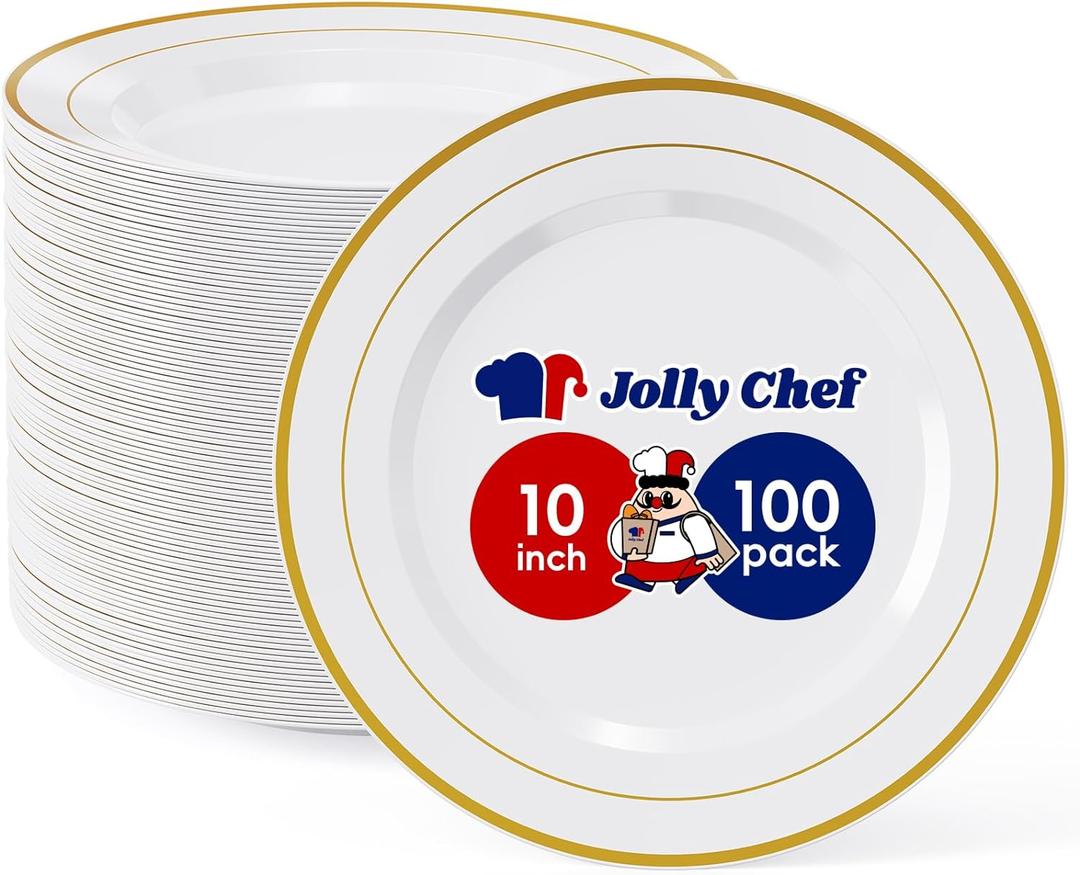 JOLLY CHEF 100 Pieces Gold Plastic Plates, 10 Inch Elegant Disposable Dinner White with Gold Rim, Disposable Plastic Plates for Dinner, Birthdays and Weddings