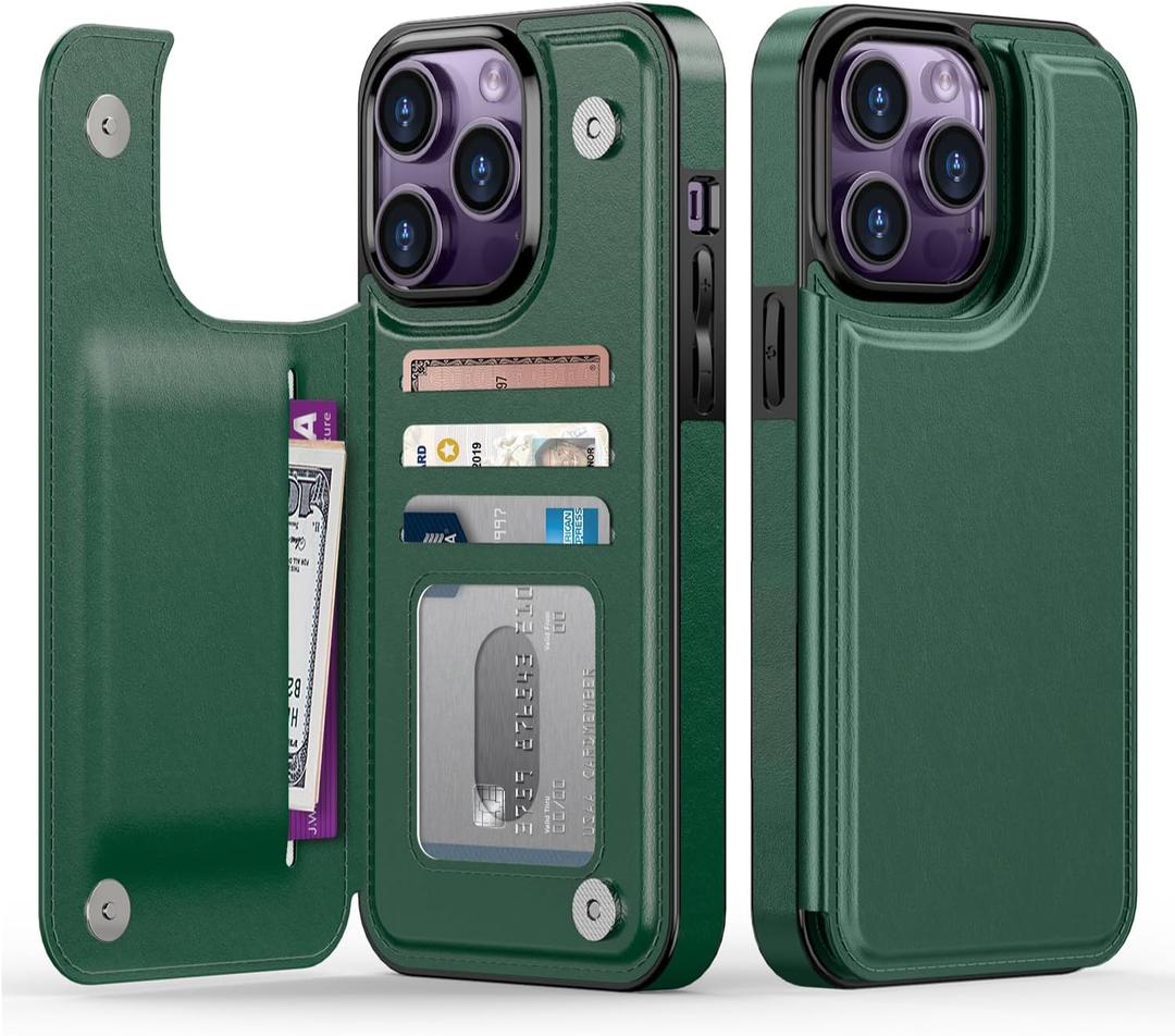 Goodon for iPhone 13 Pro Max Case Wallet - Flip Folio Leather Cover with Trendy Design, 4 Card Slots & Kickstand Function, Stylish Protective Phone Case for Women and Girls - Dark Green