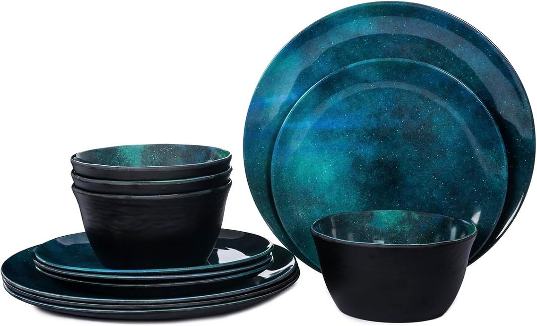 Melamine Dinnerware Sets for 4, 12pcs Plates and Bowls Sets for Daily Use, Dishwasher Safe, BPA-free, Teal Green