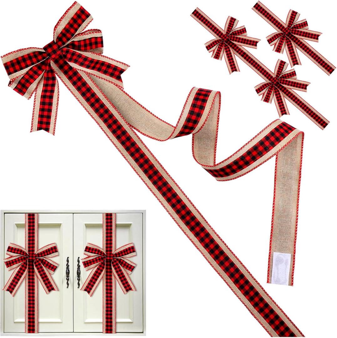 Ferraycle 6 Pack Christmas Cabinet Ribbon Bows 78.8 Inch Buffalo Plaid Door Ribbons and Bows Decoration Checkered Christmas Bow Modern Xmas Decor for Xmas Home Wall Tree Wedding (Linen)