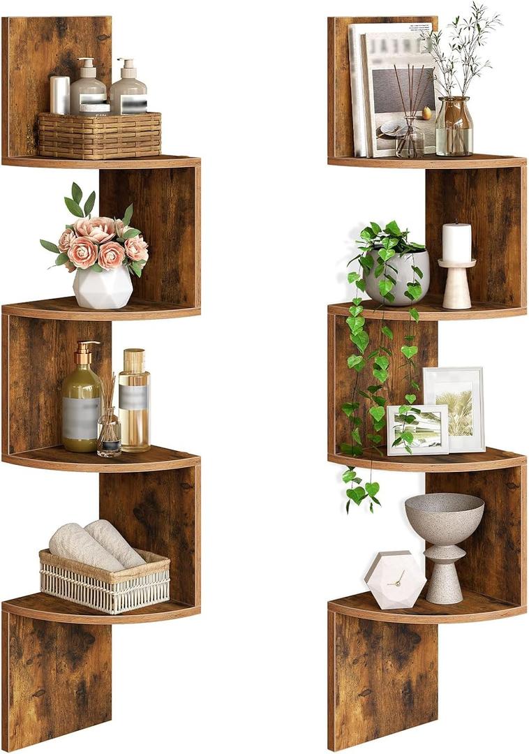 HOOBRO Corner Shelf Wall-Mounted, Set of 2 Floating Corner Shelves for Wall, 4-Tier Corner Bookshelves for Living Room, Bedroom, Bathroom, Home Office, Rustic Brown BF25BJP201 (41.3 Inches)